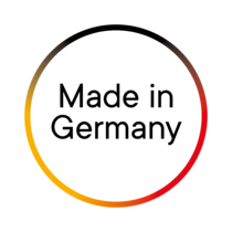 Ein Logo mit dem Schriftzug "Made in Germany" in der Mitte, umgeben von einem farbigen Kreis in Gelb, Schwarz und Rot.